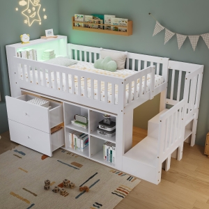 3ft Single Wooden Storage Bed with Headboard Storage and Colourful LED Strips, Single Bed with 2 Drawers, 262L x 95W x 120H cm, White