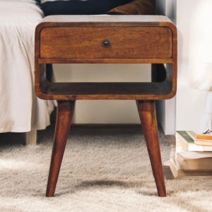 Solid Mango Wood Bedside Table with Spacious Drawer and Open Shelf, Nightstand with Minimalist Circular Profile, 35L x 45W x 56H cm, Brown