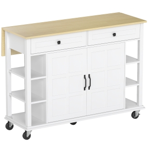 HOMCOM Ilha de Cozinha com Rodas Bancada Dobrável 2 Portas com Fecho Suave 2 Gavetas 6 Prateleiras Abertas 120x65x89 cm Branco