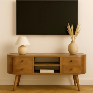 Solid 100% Mango Wood Rounded Entertainment Unit with 4 Drawers and 2 Open Shelves, Table with Slim Nordic Legs, 35L x 110W x 47H cm, Brown