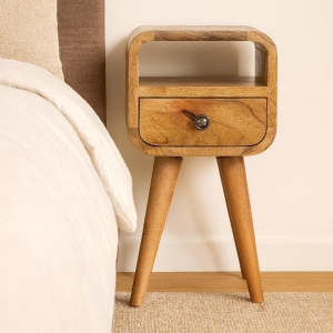 Solid Mango Wood Mini Curved Bedside with Spacious Drawer and Open Slot, Table with Space-saving Storage, 20L x 20W x 40H cm, Brown