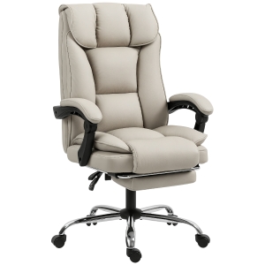HOMCOM Silla de Escritorio con Reposapiés Respaldo Reclinable Acolchado Grueso Tapizada en Cuero Sintético Caqui