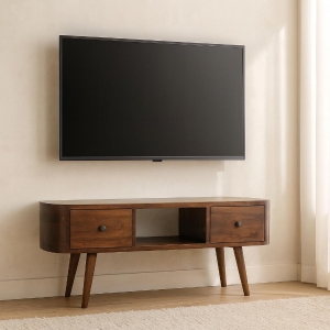 Round Solid Mango Wood Media Unit with 2 Smooth-Gliding Drawers and Open Shelf, Stand for TV and Media, 30L x 100W x 37H cm, Brown