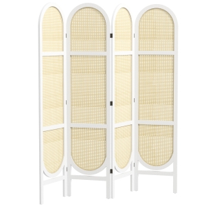 HOMCOM Biombo Interior em Madeira 4 Painéis 170x160 cm Dobrável e Portátil Padrão Trançado à Mão Branco