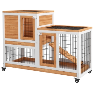 PawHut Clapier en Bois avec Roulettes, Plateaux Extractibles et Maisonnette avec Rampe, 110x50x88 cm, Jaune et Blanc