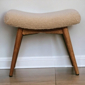 Solid Wood Bouclé Curved Bench with Upholstered Seat, Handcrafted Sustainable Construction, Stool for Bedroom, 40L x 63W x 52H cm, Brown