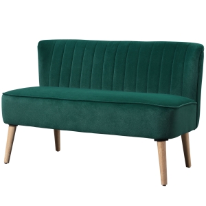 HOMCOM Canapea design retro 2 locuri, picioare din lemn, 117 cm x 56,5 cm x 77 cm, Verde închis
