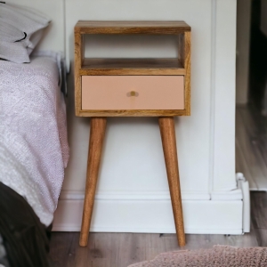 Solid Mango Wood Bedside Table with Drawer and Open Shelf, Distinct Grain, Handcrafted Desk for Organised Storage, 30L x 30W x 57H cm, Brown