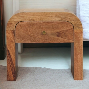 Darcy Solid Mango Wood Bedside Table with Drawer and Clear Natural Finish, Handcrafted Desk for Bedroom, 35L x 45W x 40H cm, Brown