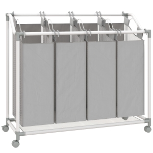 HOMCOM Kosz na pranie z 4 przegródkami 160 L z kółkami, wyjmowany worek na pranie, 97 x 38 x 81 cm, Szary