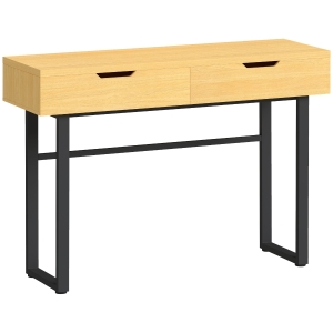 HOMCOM Mesa consola estrecha con 2 cajones, armazón metálico, para recibidor 110 x 35 x 76,5 cm natural