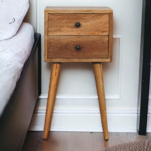 Solid Mango Wood Mini Bedside Table with 2 Smooth-Gliding Drawers, Hand-finished Desk with Grain Pattern, 30L x 30W x 57H cm, Brown