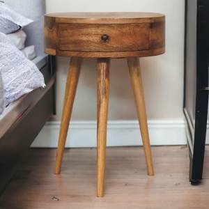 Solid Mango Wood Mini Circular Bedside Table with Smooth-Glide Drawer and Oak-Effect Finish, Desk for Bedroom, 32L x 40W x 52H cm, Brown