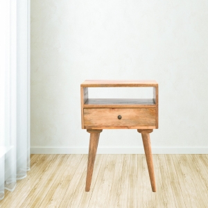 100% Solid Wood Bedside Table with Spacious Drawer and Open Shelf, Hand-finished Crafted Desk for Bedroom, 35 x 45 x 57 cm, Brown