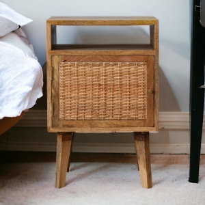 Solid Wood Handcrafted Bedside Table with Knitted Fabric Door and Open Slot, Desk with Cotton-blend Panel, 35L x 40W x 60H cm, Brown