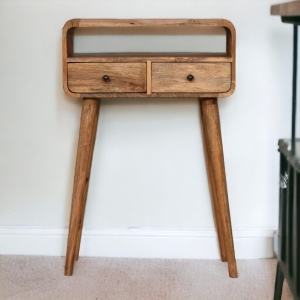 Solid Mango Wood Mini Curved Console Table with 2 Drawers and Open Slot, Bedside Cabinet with Clear Natural Finish, 30L x 60W x 90H cm, Brown