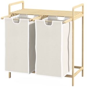 HOMCOM Panier à linge en bambou 2 paniers amovibles et coulissants en non-tissé 63,5 x 33 x 73 cm crème