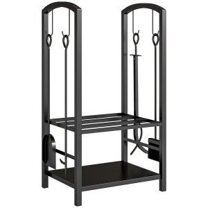 Outsunny Estante de Leña para chimenea Soporte para Leña de 2 Niveles Leñero Exterior e Interior Metálico con 4 Herramientas para Chimenea Carga Máx.100 kg 40x30x74,5 cm Negro