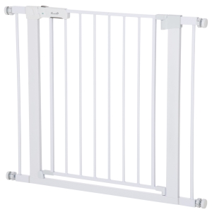 PawHut Barrera de Seguridad de Perros Extensible para Escaleras y Puertas 76-97 cm con 2 Extensiones de 7 cm Cierre Automático y Marco Metálico Altura 76 cm Blanco