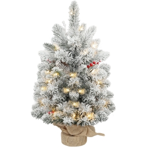 HOMCOM Mini Árvore de Natal Artificial com 35 Luzes LED 60 cm com 72 Ramos com Neve Pinhas Bagas e Base de Saco de Juta Ø37x60 cm Verde