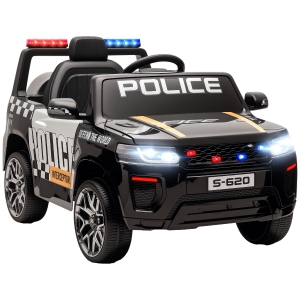 AIYAPLAY Carro Elétrico para Crianças de Polícia 12V com Motor Duplo Suspensão em 4 Rodas Sirene Faróis LED Porta USB Bluetooth e Música Preto