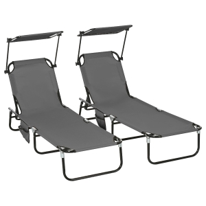 Outsunny Set van 2 inklapbare ligstoelen met zonnescherm, 5-standen verstelbare rugleuning, donkergrijs