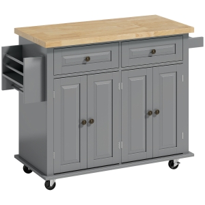HOMCOM Ilha de Cozinha com Rodas 2 Gavetas 4 Portas Suporte para Temperos e Barra Lateral 111x44,5x82,5 cm Cinzento e Madeira
