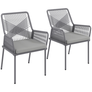 Outsunny Set da 2 sedie da giardino, sedie da terrazza, cuscini lavabili, schienale, braccioli, acciaio, rattan, grigio scuro