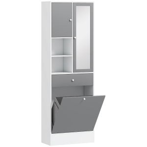 HOMCOM Armadio da bagno con cestino per il bucato e porta specchiata ripiano regolabile 62 x 28,3 x 181 cm grigio e bianco