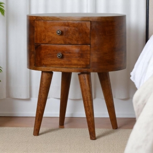 Solid Mango Wood Rounded Bedside Table with Stain Finish, Handcrafted Desk with 2 Smooth-Gliding Drawers, 35L x 45W x 54H cm, Brown