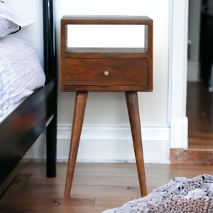 Solid Wood Mini Bedside Table with Smooth-Gliding Drawer and Open Shelf, Handcrafted Desk with Stain Finish, 30L x 30W x 57H cm, Brown