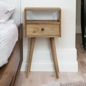 Solid Wood Mini Bedside Table with Drawer and Open Slot for Storage, Handcrafted Desk with Oak-effect Finish, 30L x 30W x 57H cm, Brown