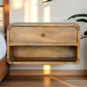 Solid Wood Floating Bedside Table with Drawer and Open Shelf, Handcrafted Desk with Clear Natural Finish, 32L x 45W x 25H cm, Brown