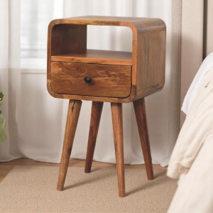 100% Solid Mango Wood Mini Bedside Table with Unique Grain, Handcrafted Desk with Drawer and Open Shelf, 30L x 30W x 55H cm, Brown