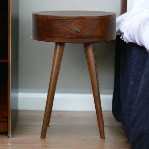 Solid Wood Nordic Circular Bedside Table with Natural Grain and Drawer, Handcrafted Desk with Easy Assembly, 40L x 40W x 56H cm, Brown