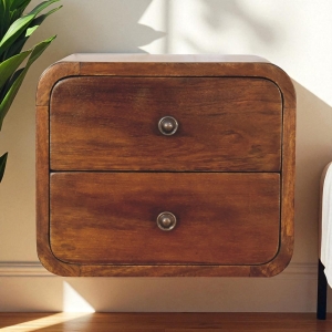 Solid Mango Wood Floating Mini Bedside with 2 Smooth-Gliding Drawers, Handcrafted Desk with Stain-based Finish, 25L x 30W x 25H cm, Brown