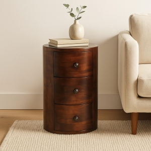 100% Solid Mango Wood Drum Chest with 3 Drawers, Sustainable and Durable Table with Handcrafted Stain Finish, 30L x 30W x 57H cm, Brown