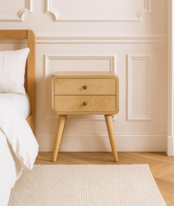 100 % Solid Mango Wood Bedside Table with 2 Smooth-Gliding Drawers, Hand-finished Desk with Nordic Legs, 35L x 45W x 55H cm, Brown
