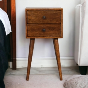 Solid Mango Wood Mini Bedside Cabinet with 2 Smooth-Gliding Drawers, Handcrafted Desk with Nordic Slim Legs, 30L x 30W x 57H cm, Brown