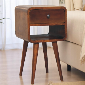 Solid Wood Mini Bedside Table with Drawer and Curved Open Shelf, Handcrafted Desk for Compact Storage, 30L x 30W x 55H cm, Brown