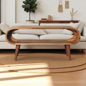 Solid Mango Wood Amaya Nordic Coffee Table with Open Slot, Handcrafted Tea Table with Clear Natural Finish, 35L x 90W x 40H cm, Brown