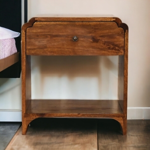 100% Solid Wood Newton Bedside Table with Drawer and Open Shelf, Handcrafted Desk with Stain-Based Finish, 35L x 45W x 50H cm, Brown