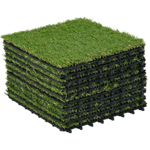 Outsunny Kunstrasen, naturgetreu, Drainagefunktion, 11 K Fasern/m², 25mm Höhe, 10-er Set je 30x30cm, Grün
