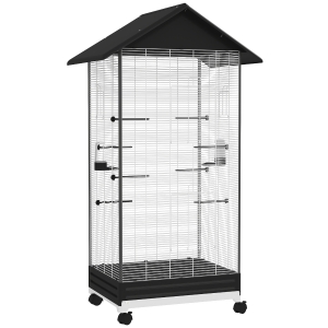 PawHut Cage oiseau sur pied volière oiseaux intérieure sur roulettes 2 mangeoires 8 perchoirs 79 x 65 x 155 cm fil d'acier noir