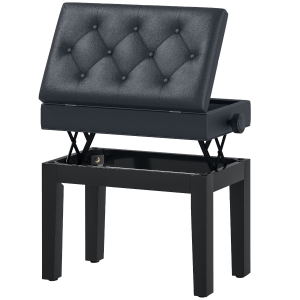 HOMCOM Banc de piano, banc de clavier réglable en hauteur en bois massif, tabouret piano avec compartiment caché, siège rembourré polyuréthane à 10 boutons, stable et antidérapant, charge 200kg, noir