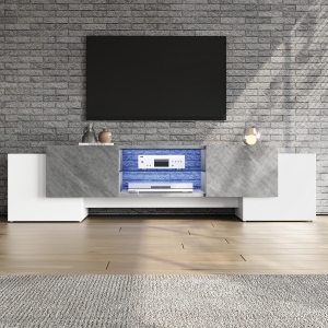 Modern TV Cabinet with App-Controlled LED Lighting, Media Cabinet with 4 Doors and 2 Open Shelves, 180L x 40W x 46.5H cm, Grey+White
