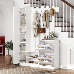 5‑in‑1 Space-Saving Entryway Storage with Coat Hooks, Hall Tree Coat Rack with Shoe Bench, Full-Length Mirror, 135L x 25W x 180H cm, White