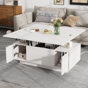 Lift-Up Coffee Table With 2 Doors, 2 Liftable Tops, 2 Cabinets, Particleboard Centre Desk With Hidden Storage, 100L x 50W x 55.5H cm, White