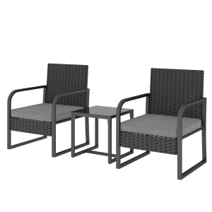 Outsunny Salon de jardin en rotin avec 2 fauteuils d'extérieur et table avec plateau en verre, Noir