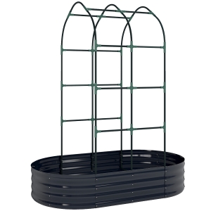 Outsunny Huerto elevado con enrejado, macetero metálico con guantes, cajón de jardín 160 x 90 x 180 cm, Gris oscuro